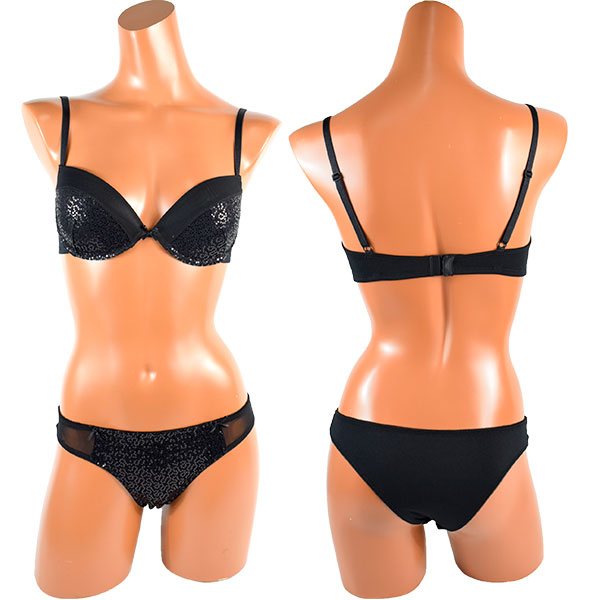 イタリア インポート ブランド ランジェリー JADEA 4567 スパンコール刺しゅうプッシュアップブラ・ブラジリアンタンガセット　黒