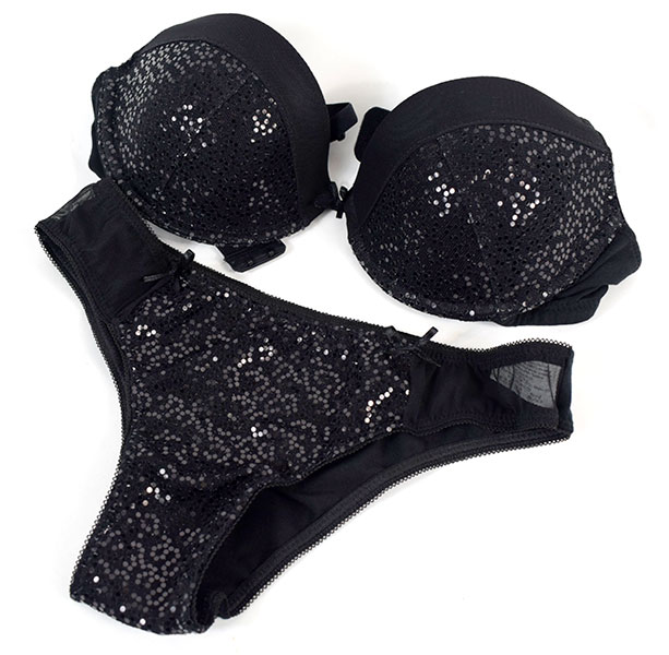 イタリア インポート ブランド ランジェリー JADEA 4567 スパンコール刺しゅうプッシュアップブラ・ブラジリアンタンガセット　黒