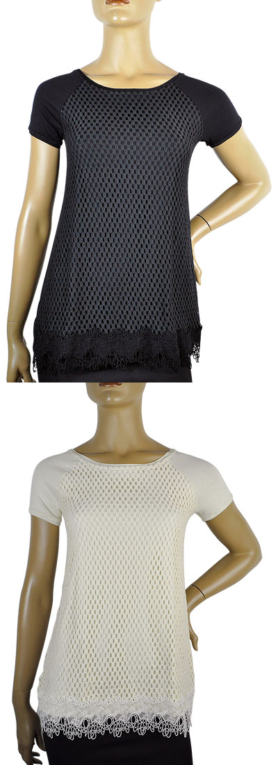 在庫一掃セール  春夏 インポート カットソー MORETTA 4000/4 レース切替半袖チュニックカットソー 黒 アイボリー
