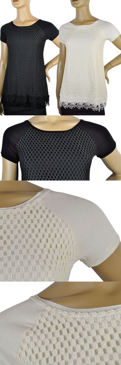 在庫一掃セール  春夏 インポート カットソー MORETTA 4000/4 レース切替半袖チュニックカットソー 黒 アイボリー