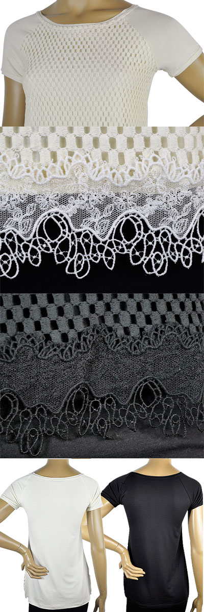 在庫一掃セール  春夏 インポート カットソー MORETTA 4000/4 レース切替半袖チュニックカットソー 黒 アイボリー