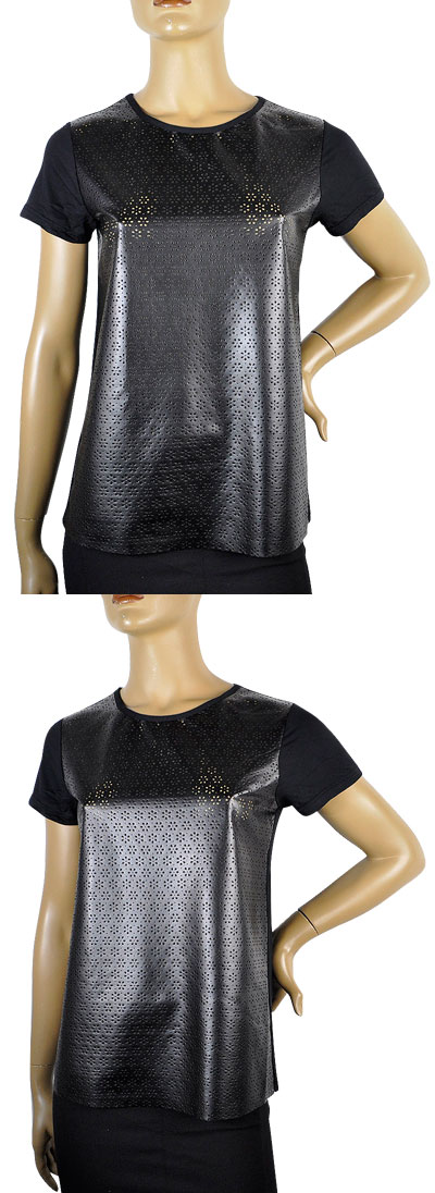 在庫一掃セール  春夏 インポート カットソー ANDRA 3725 レザー切替半袖カットソー 白 黒