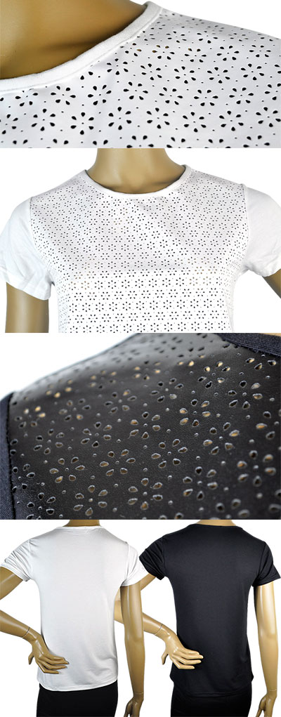 在庫一掃セール  春夏 インポート カットソー ANDRA 3725 レザー切替半袖カットソー 白 黒