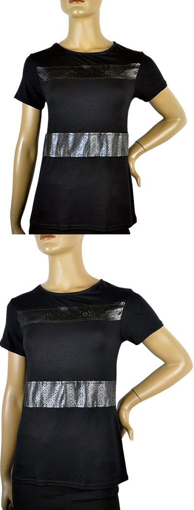 在庫一掃セール  春夏 インポート カットソー ANDRA 3724 レザー切替半袖カットソー 白 黒