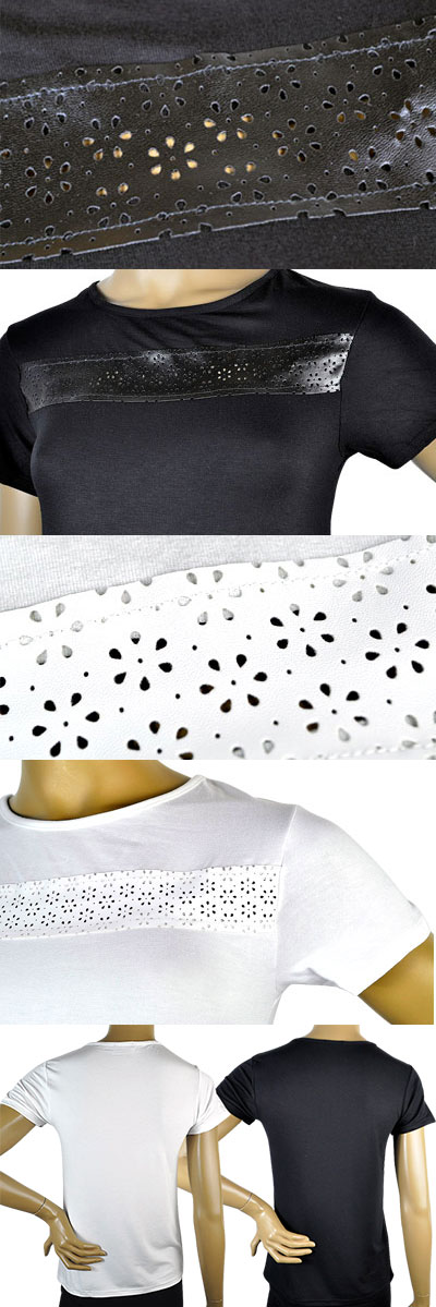 在庫一掃セール  春夏 インポート カットソー ANDRA 3724 レザー切替半袖カットソー 白 黒