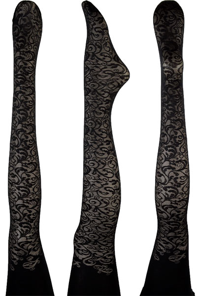 柄タイツ BELLISSIMA ISABEL 花柄切り替えレース編みタイツ 黒