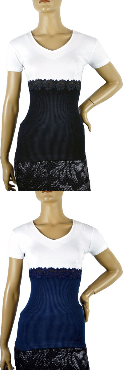 在庫一掃セール 春夏 インポート カットソー MORETTA 77154 切替半袖カットソー 黒 ブルー トープベージュ