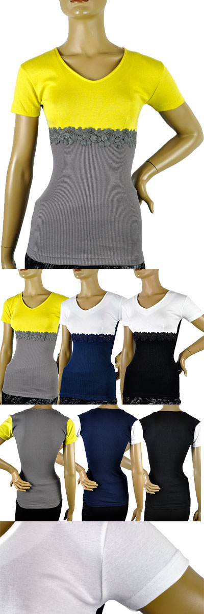 在庫一掃セール 春夏 インポート カットソー MORETTA 77154 切替半袖カットソー 黒 ブルー トープベージュ