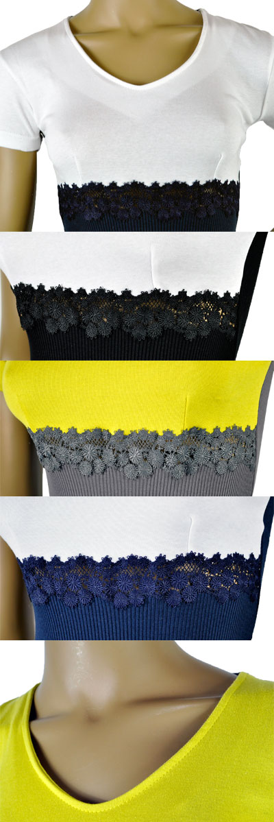 在庫一掃セール 春夏 インポート カットソー MORETTA 77154 切替半袖カットソー 黒 ブルー トープベージュ