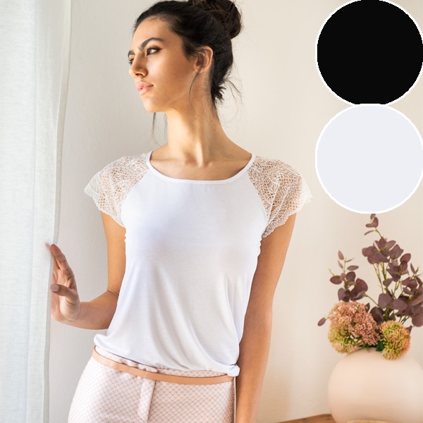 イタリアブランドカットソー COTONELLA GD395 レース切替ビスコース素材半袖カットソー 2色