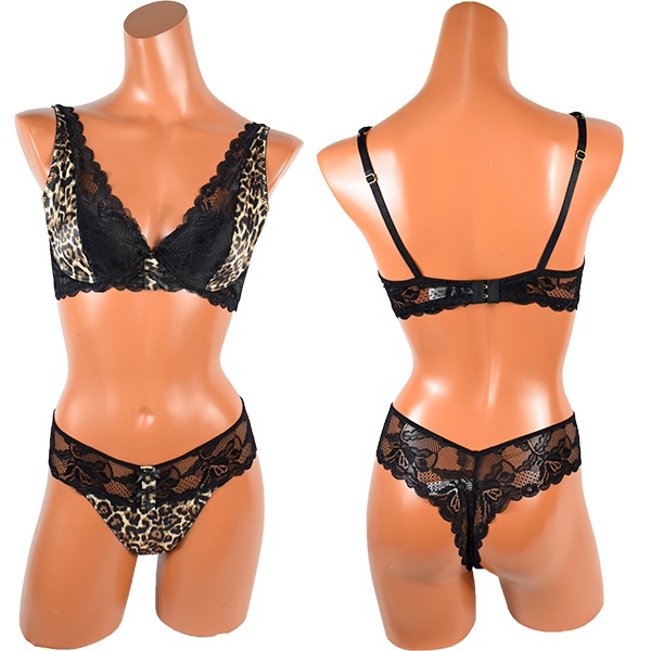 イタリア インポート ブランド ランジェリー LOVE&BRA 67997 アニマル柄とレースのプッシュアップブラ・ブラジリアンタンガセット 黒