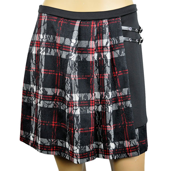 在庫一掃セール  秋冬  インポート スカートIKO チェック柄＆レースプリーツスカート 黒系