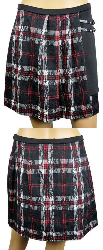 在庫一掃セール  秋冬  インポート スカートIKO チェック柄＆レースプリーツスカート 黒系
