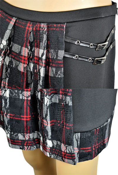 在庫一掃セール  秋冬  インポート スカートIKO チェック柄＆レースプリーツスカート 黒系