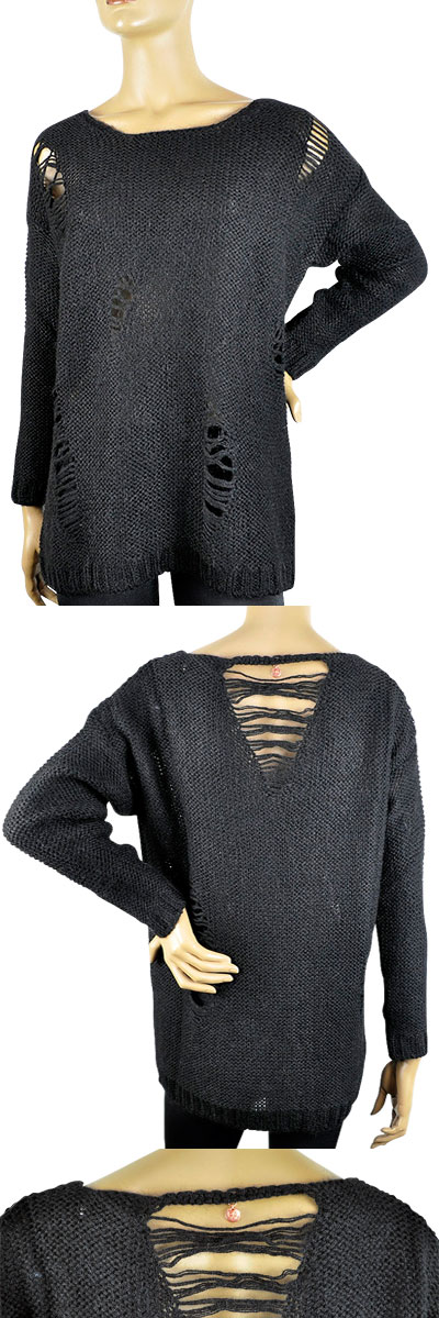 在庫一掃セール  秋冬 イタリア インポート ニット ELEONORA AMADEI カットアウットデザインチュニックニット 黒 