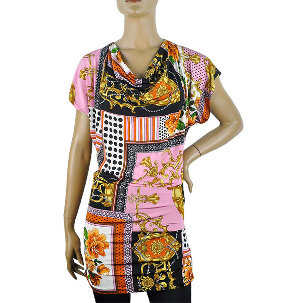 在庫一掃セール 春夏 インポート カットソー RINASCIMENTO スカーフ柄カットソーチュニック ピンク系 