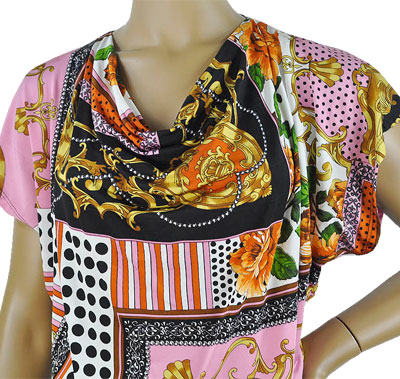 在庫一掃セール 春夏 インポート カットソー RINASCIMENTO スカーフ柄カットソーチュニック ピンク系 