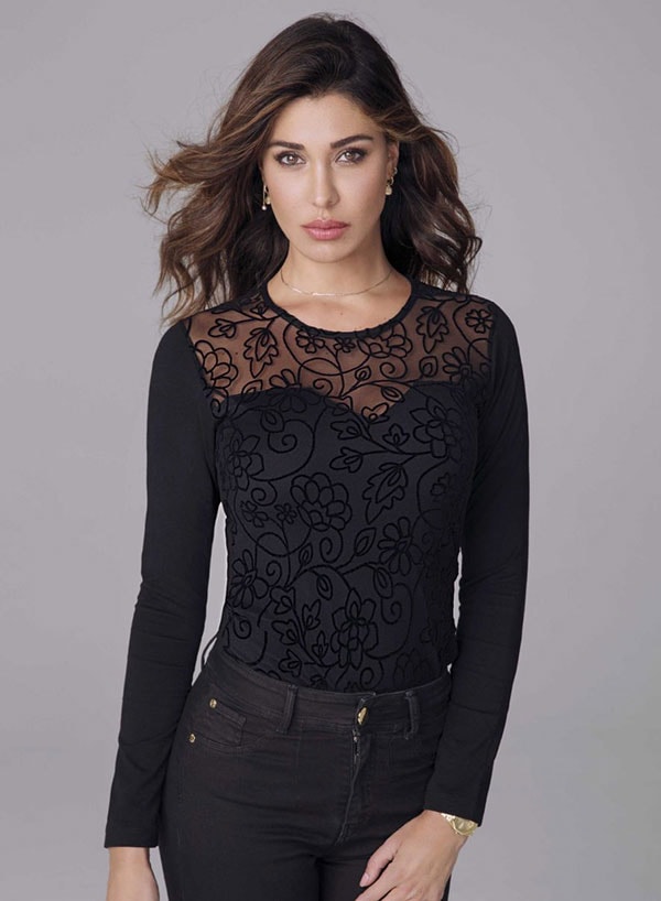 イタリアインポートカットソー JADEA 4076 刺繍レース切替コットンカットソー　黒