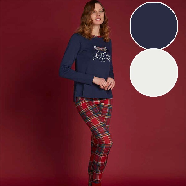 イタリアインポートパジャマ ANDRA 8826 タータンチェック切替猫アップリケパジャマ　2色