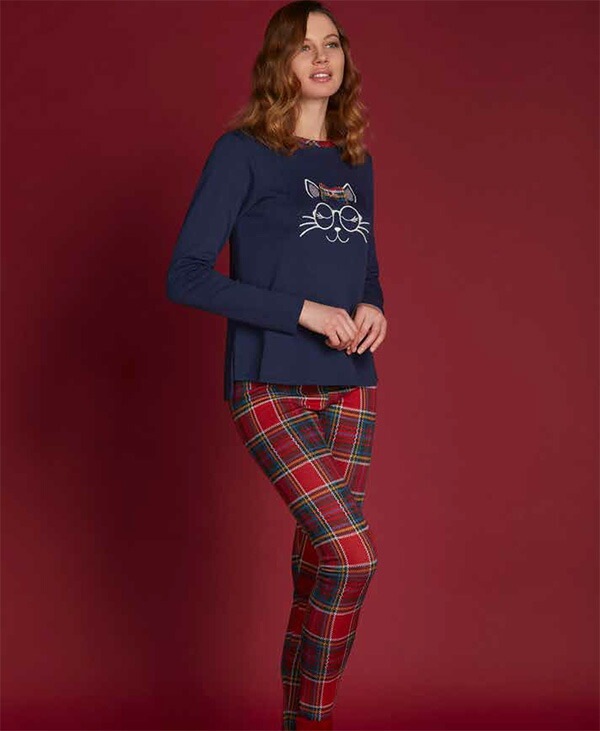 イタリアインポートパジャマ ANDRA 8826 タータンチェック切替猫アップリケパジャマ　2色