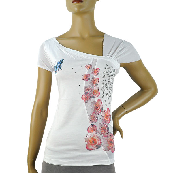 在庫一掃セール 春夏 インポート カットソー GIARDINO PRIVATO ラインストーン刺繍カットソー 白