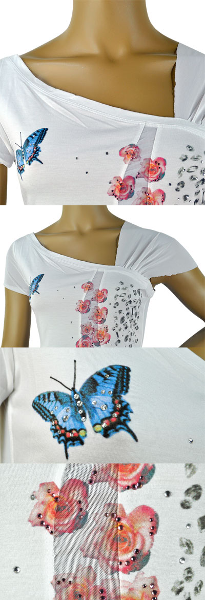 在庫一掃セール 春夏 インポート カットソー GIARDINO PRIVATO ラインストーン刺繍カットソー 白