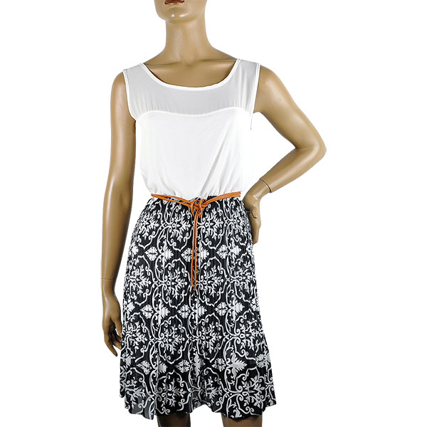 在庫一掃セール 春夏 インポート ワンピース BLIK 切替プリーツワンピース ベルト付 白黒