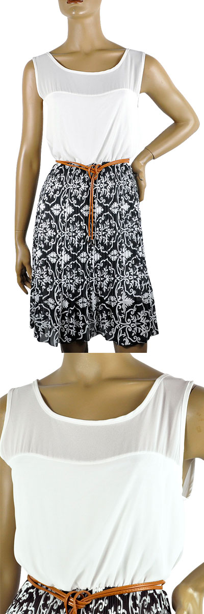 在庫一掃セール 春夏 インポート ワンピース BLIK 切替プリーツワンピース ベルト付 白黒