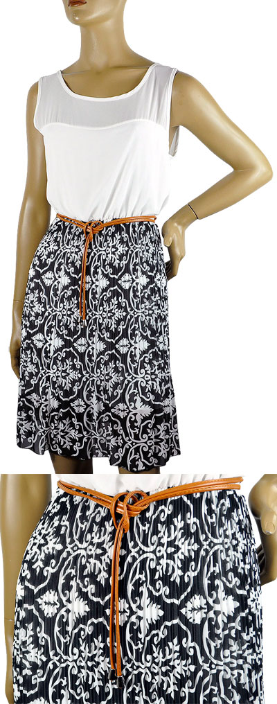 在庫一掃セール 春夏 インポート ワンピース BLIK 切替プリーツワンピース ベルト付 白黒