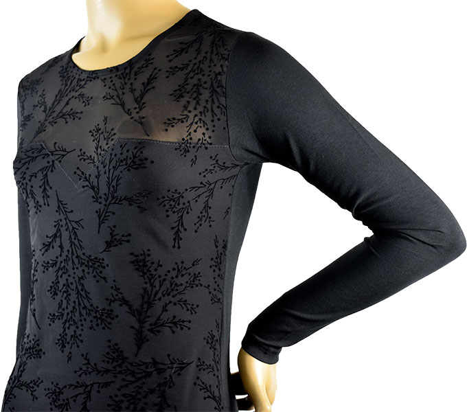 イタリアインポートカットソー JADEA 4868 フロッキプリントレース切替コットンカットソー　黒