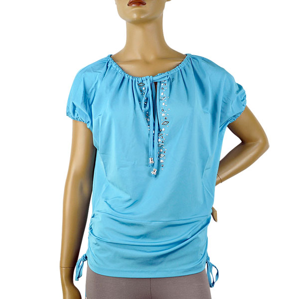 在庫一掃セール 春夏 インポート カットソー GIARDINO PRIVATO スタッズ刺繍コサックチュニック ブルー