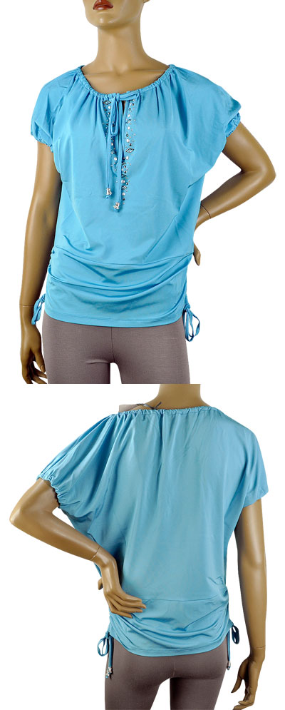 在庫一掃セール 春夏 インポート カットソー GIARDINO PRIVATO スタッズ刺繍コサックチュニック ブルー