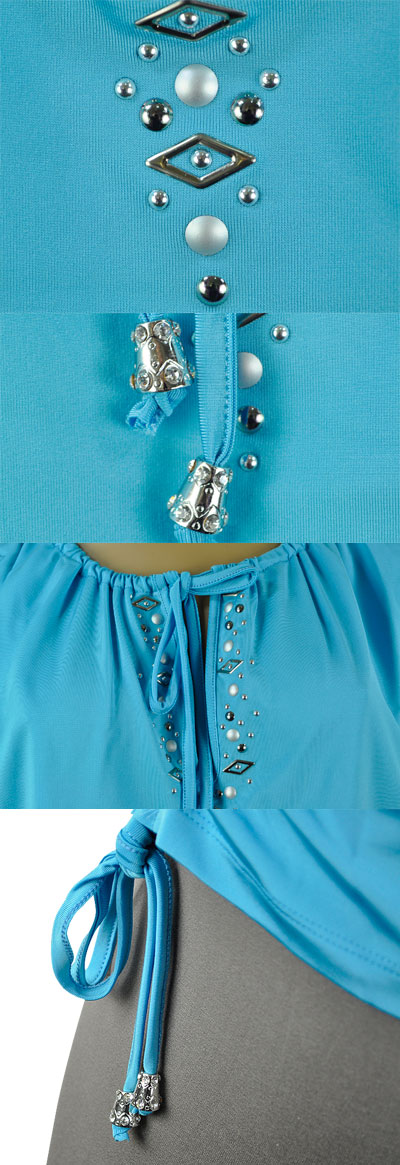 在庫一掃セール 春夏 インポート カットソー GIARDINO PRIVATO スタッズ刺繍コサックチュニック ブルー
