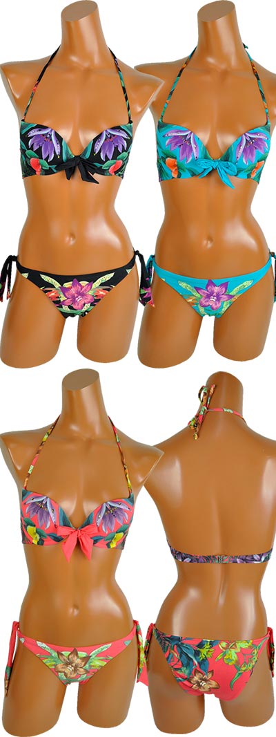 在庫一掃セール  インポート水着 PRELUDE YF16 花柄プッシュアップ水着ビキニ 黒系 赤系 