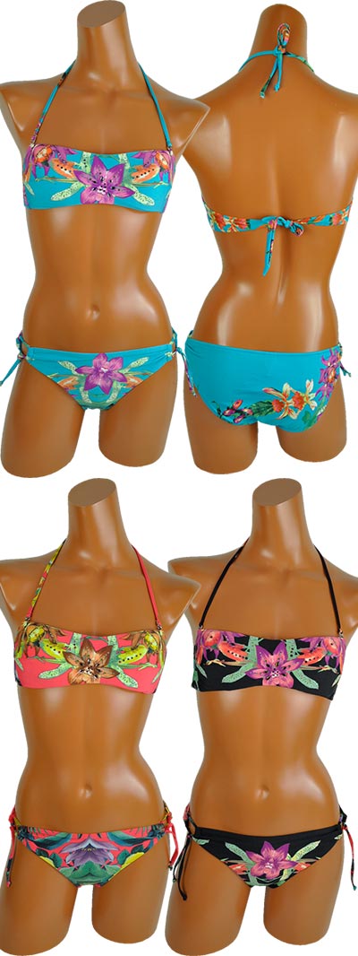 在庫一掃セール インポート水着 PRELUDE YF15 花柄バンドゥ水着ビキニ 黒系 赤系 ブルー系