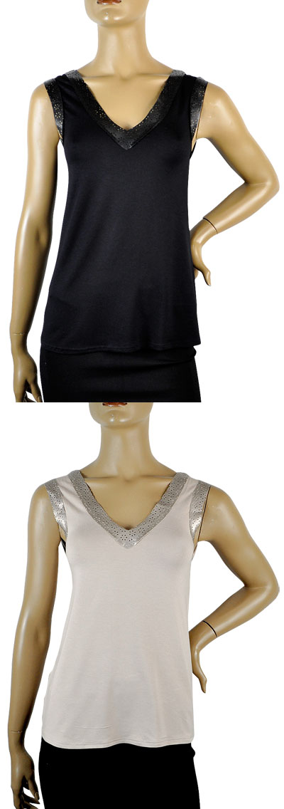 在庫一掃セール  春夏 インポート カットソー ANDRA 3728 レザー切替Vネックノースリーブカットソー ベージュ 黒 