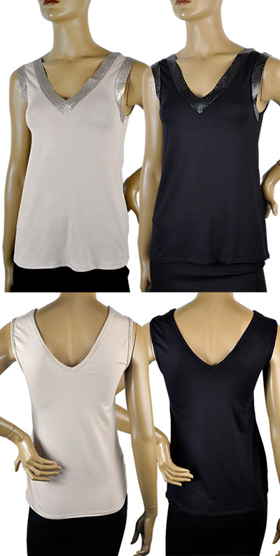 在庫一掃セール  春夏 インポート カットソー ANDRA 3728 レザー切替Vネックノースリーブカットソー ベージュ 黒 