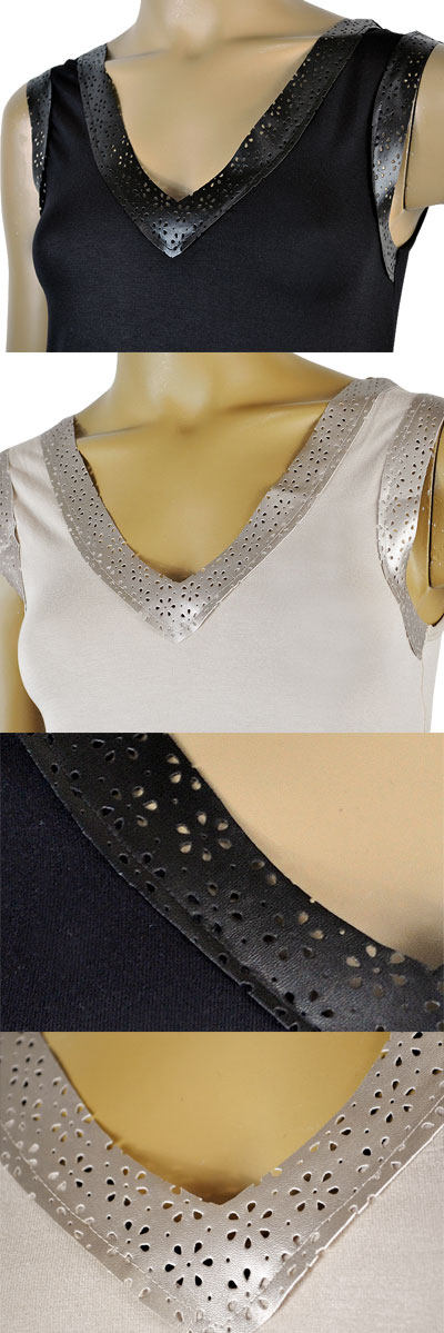 在庫一掃セール  春夏 インポート カットソー ANDRA 3728 レザー切替Vネックノースリーブカットソー ベージュ 黒 