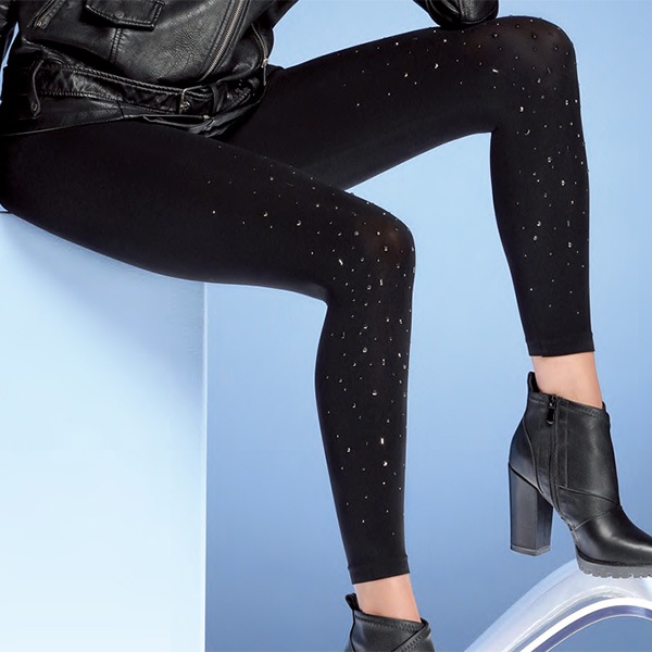 イタリアインポートレギンス BELLISSIMA ESTASI ラインストーンアップリケレギンス　黒