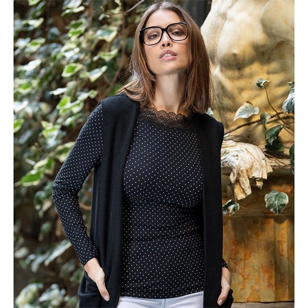 イタリアインポートカットソー COTONELLA GD350 レース切替ドット柄コットンカットソー　黒