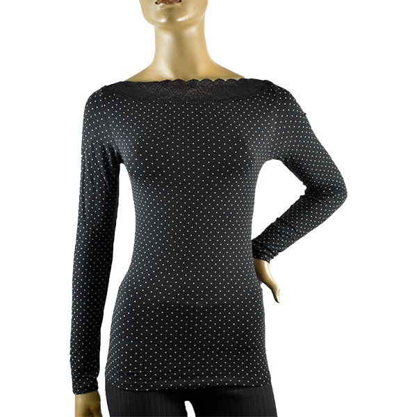 イタリアインポートカットソー COTONELLA GD350 レース切替ドット柄コットンカットソー　黒