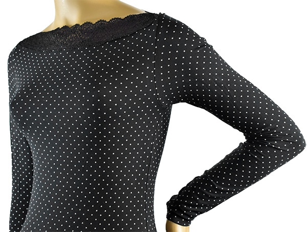イタリアインポートカットソー COTONELLA GD350 レース切替ドット柄コットンカットソー　黒
