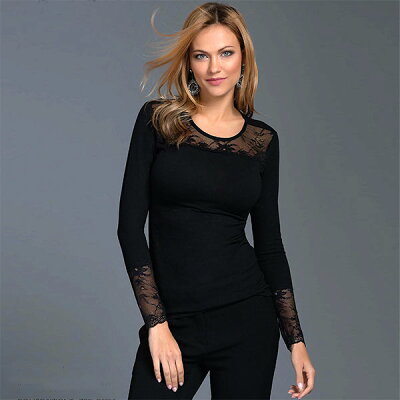 イタリアインポートカットソー JADEA 4871 刺繍レース切替コットンカットソー 黒