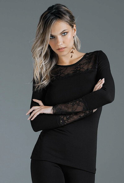 イタリアインポートカットソー JADEA 4871 刺繍レース切替コットンカットソー 黒