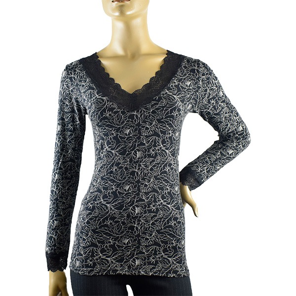 イタリアインポートカットソー COTONELLA GD351 レース切替フローラル柄Vネックコットンカットソー 黒