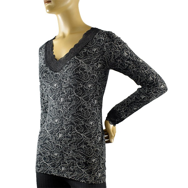 イタリアインポートカットソー COTONELLA GD351 レース切替フローラル柄Vネックコットンカットソー 黒