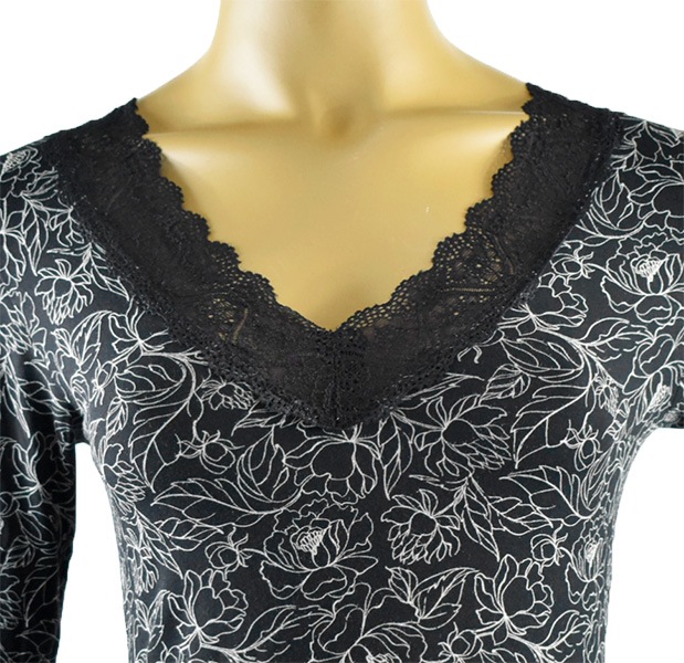 イタリアインポートカットソー COTONELLA GD351 レース切替フローラル柄Vネックコットンカットソー 黒