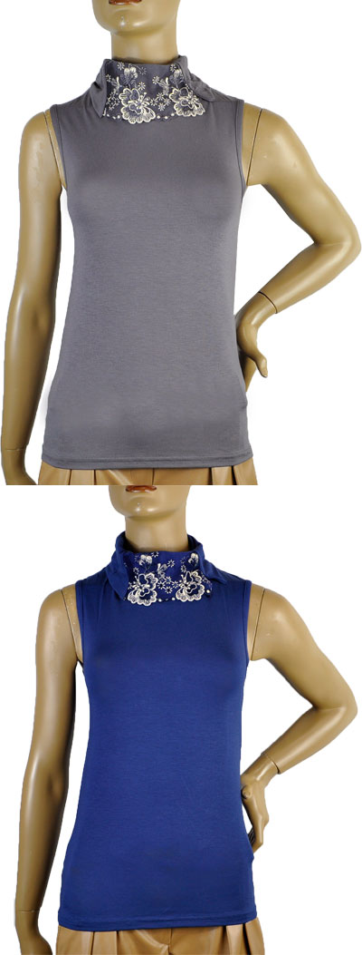 在庫一掃セール 秋冬 インポート カットソー ANDRA 3600 刺繍タートルネックカットソー 黒、ブルー、ベリー、グレー