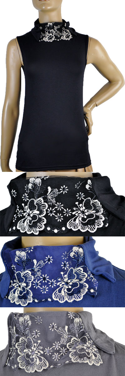 在庫一掃セール 秋冬 インポート カットソー ANDRA 3600 刺繍タートルネックカットソー 黒、ブルー、ベリー、グレー