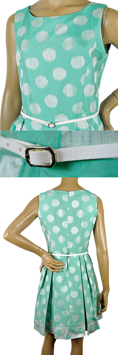 在庫一掃セール  春夏 インポート ワンピース  ELEONORA AMADEI ドット柄ワンピース 革ベルト付 グリーン